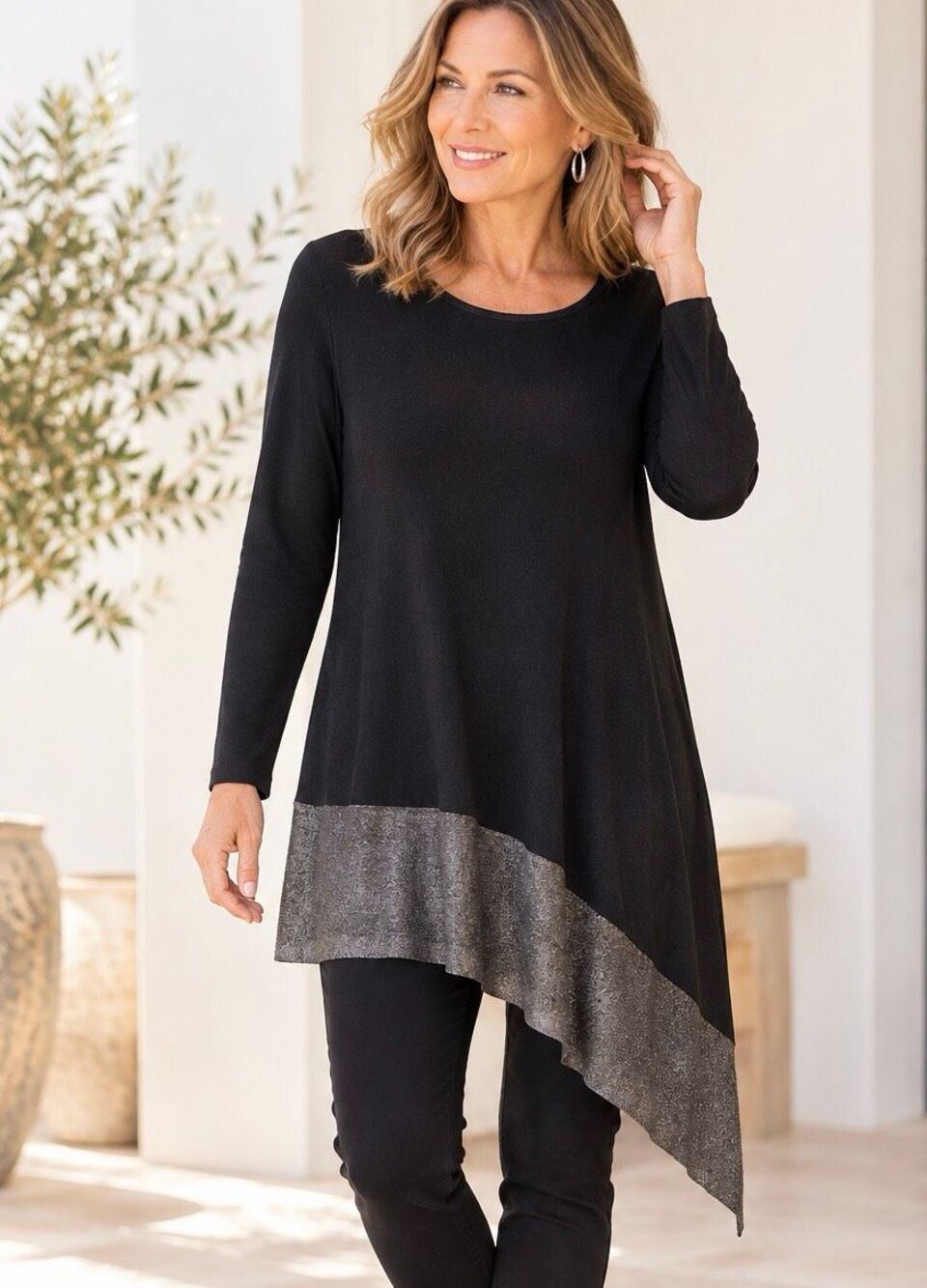 Eileen Fisher XL Black Silver Metallic Asymmetrical Hem Tunic Top Sweater